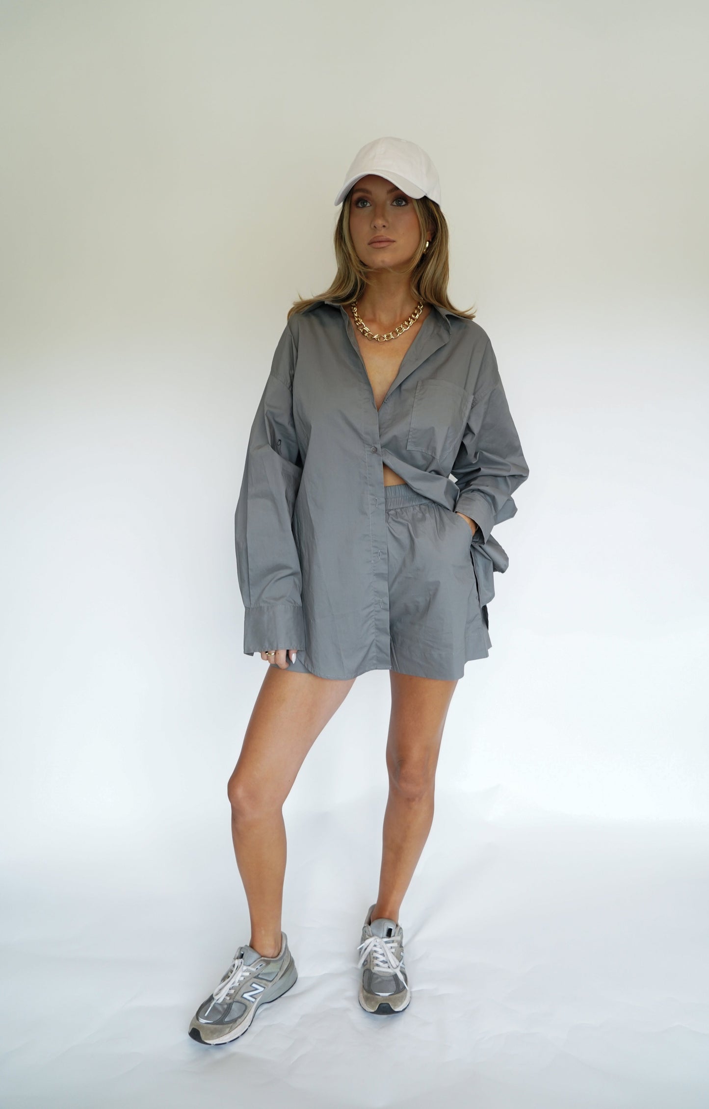 Grey Button Down Shorts Set