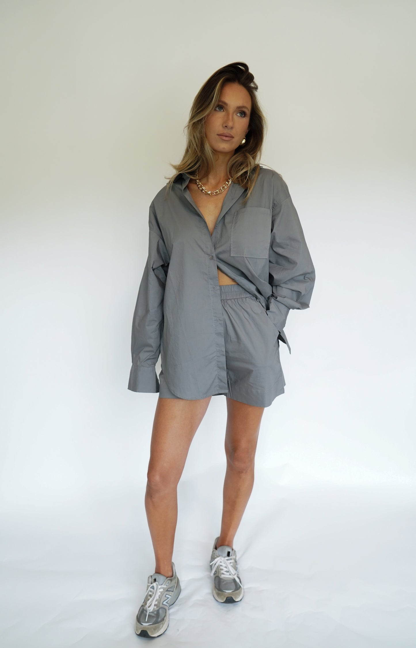 Grey Button Down Shorts Set