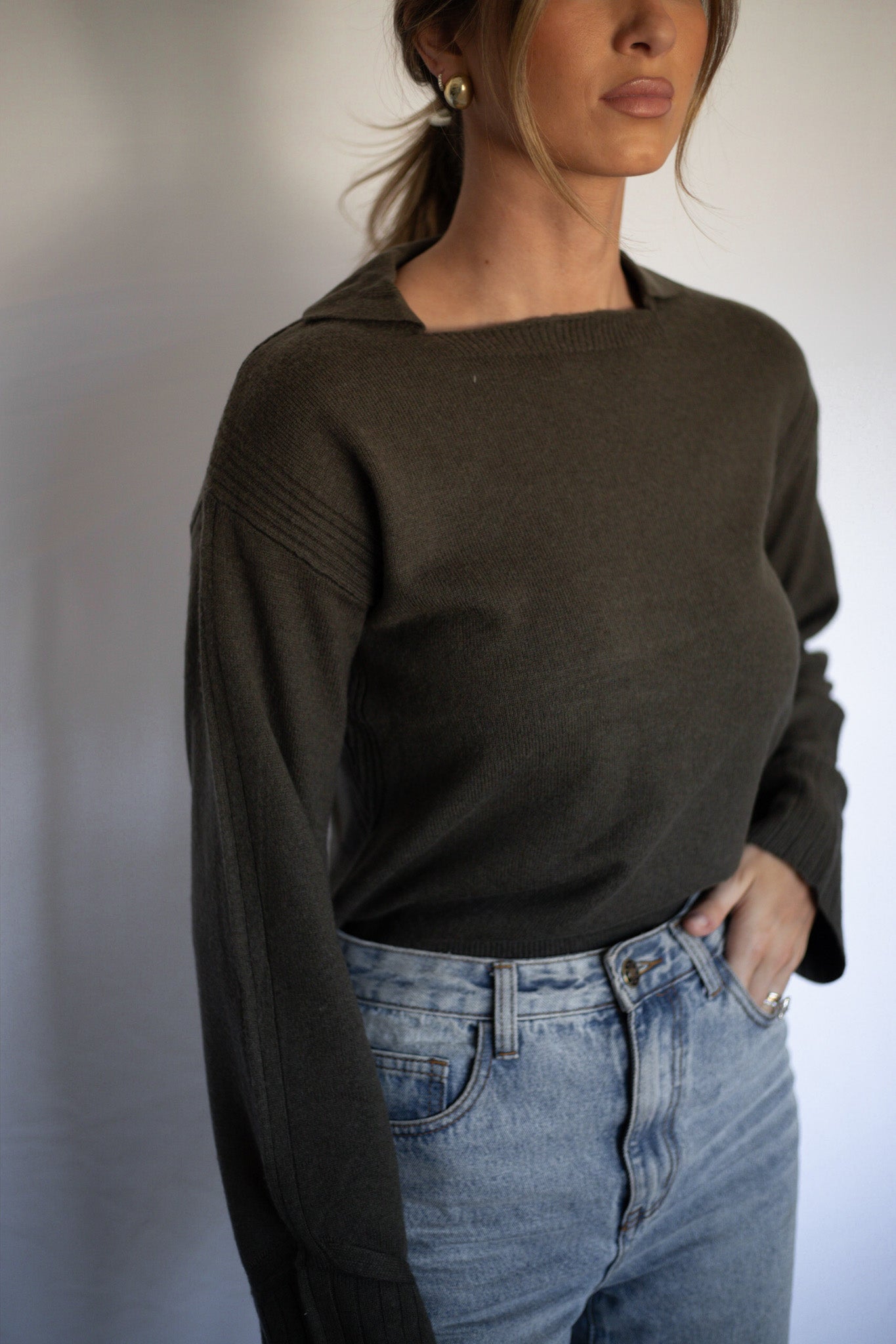 Olive Collared Sweater Top